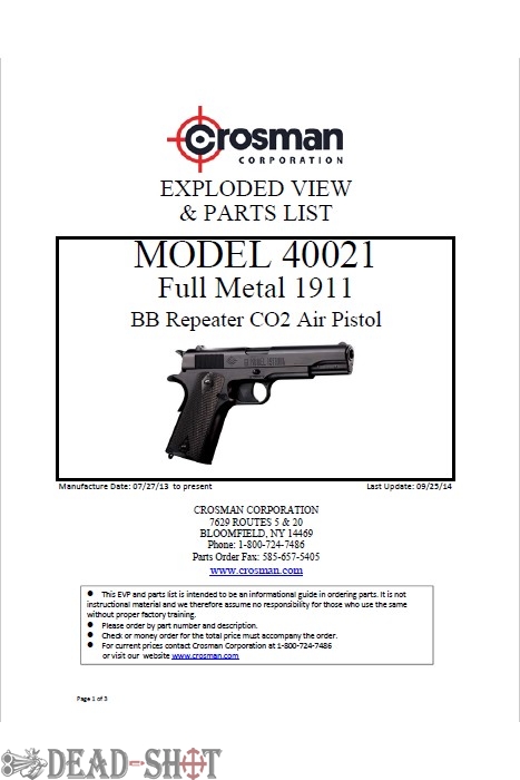 Инструкция на пневматический пистолет Crosman 1911BBb Blowback (Colt 1911, 4.5 мм) паспорт скачать