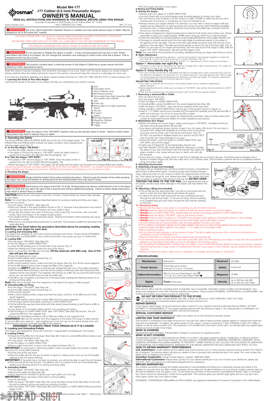 Инструкция на пневматическую винтовку Crosman M4-177 (4.5 мм) паспорт скачать