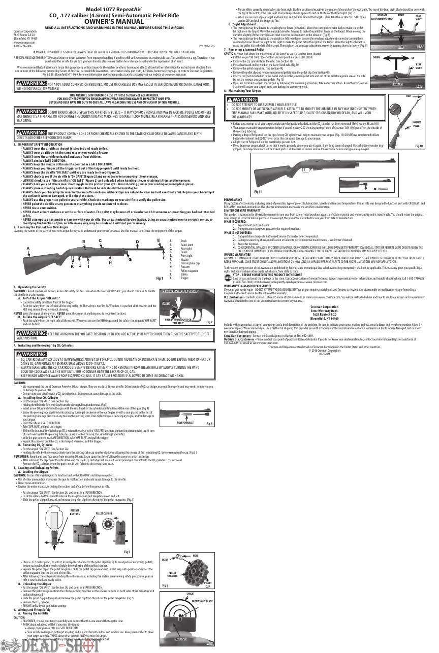 Инструкция на пневматическую винтовку Crosman 1077 (4.5 мм) паспорт скачать